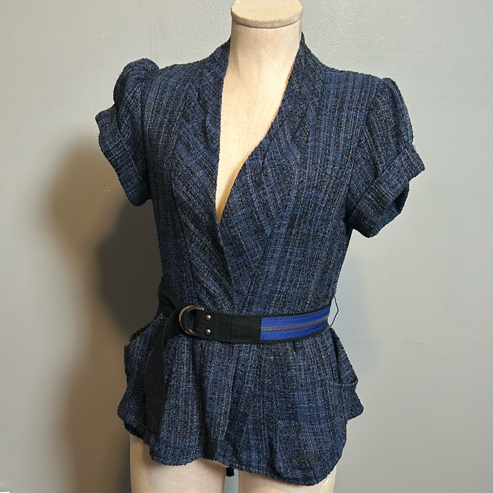 Nanette Lepore Blue Tweed Belted Asymmetrical Blazer size 4